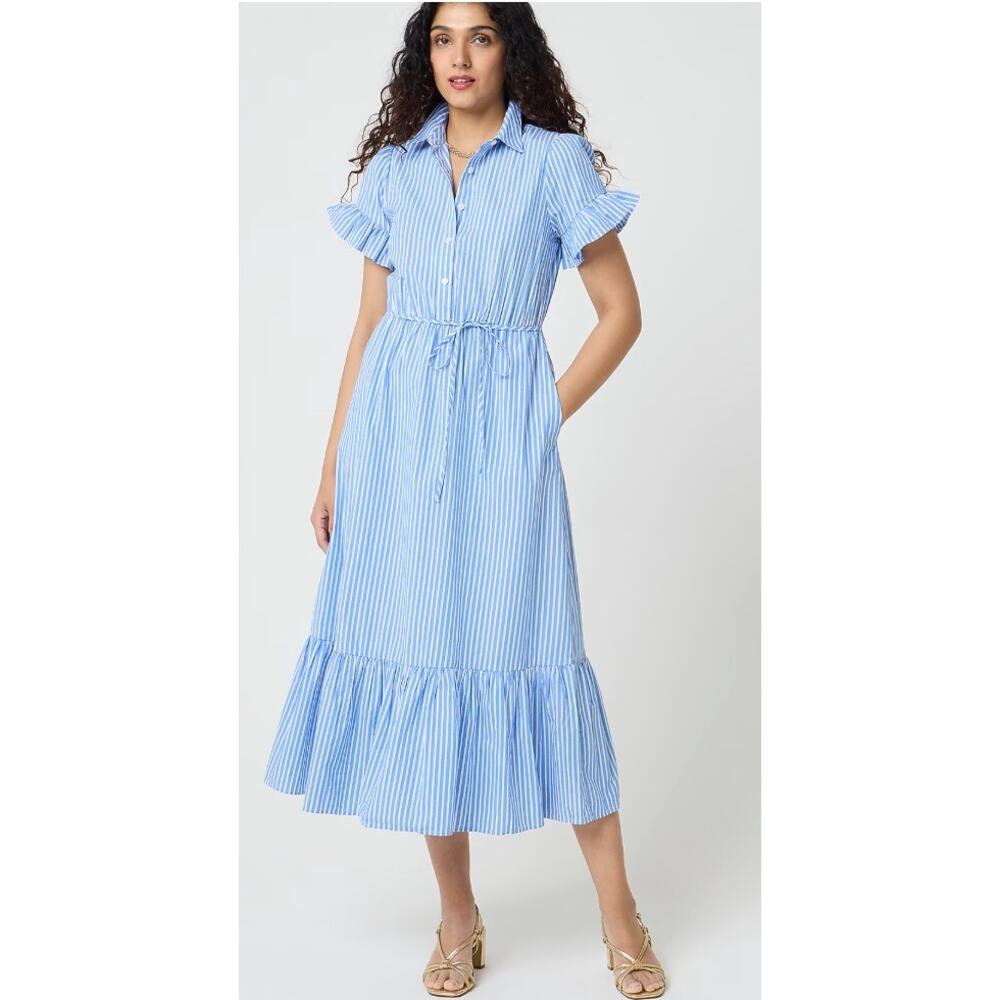 New! J. Crew Factory  Striped Ruffle-Sleeve Shirt-Dress Sail BlueSz S #